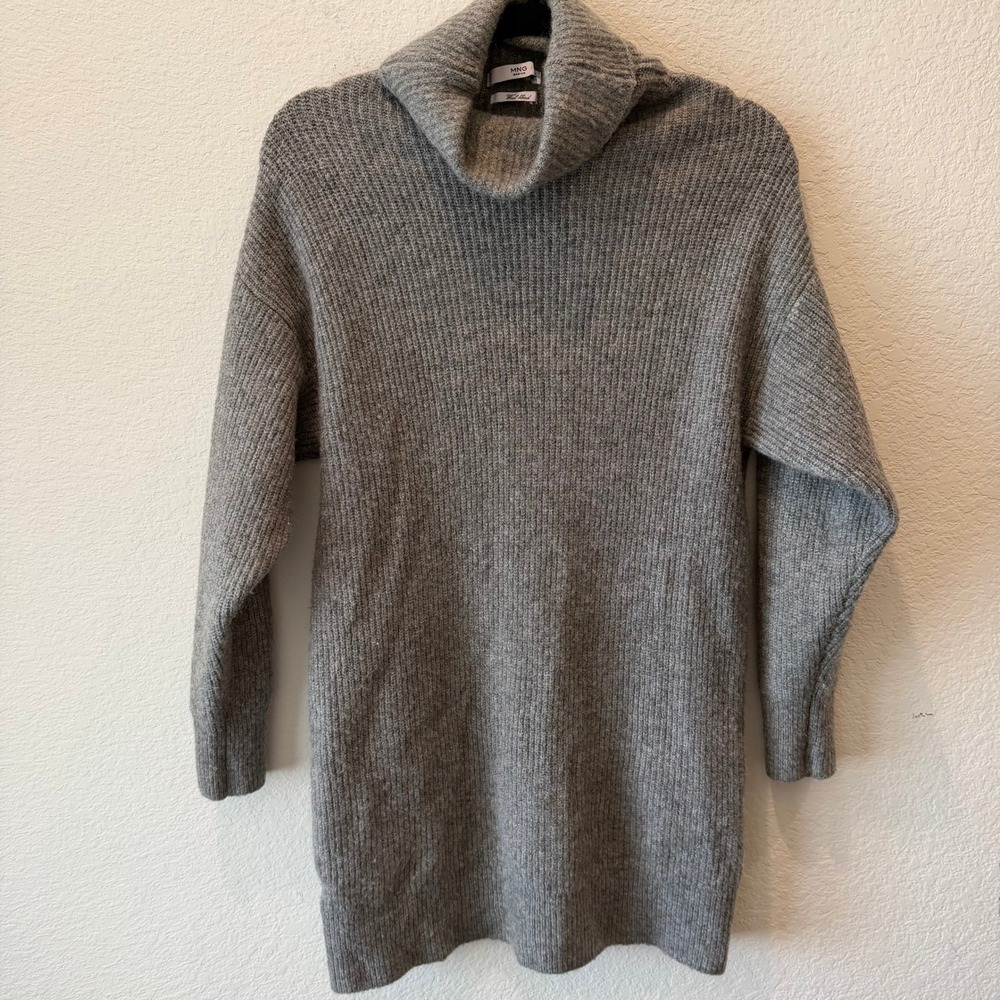 MNG Basics Mango Gray Wool Blend Ribbed Turtleneck Sweater Dress XS